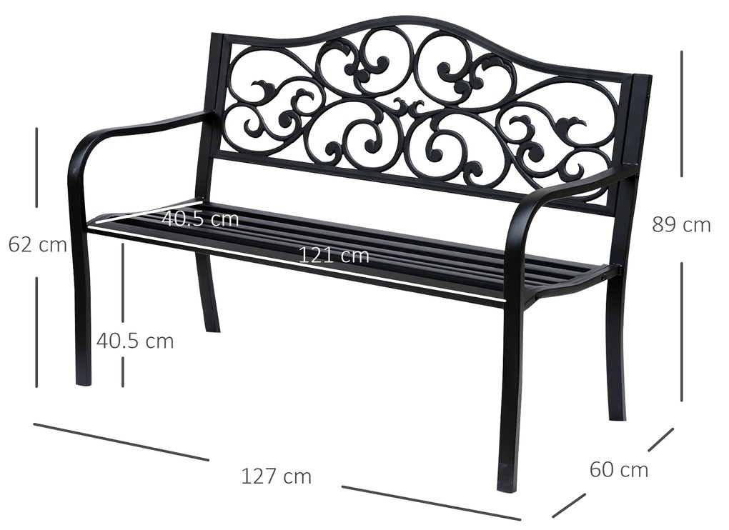 Outsunny Banca pentru exterior din fonta si metal, banca pentru gradina 2 locuri cu spatar inalt decorat, 127x60x89cm, negru