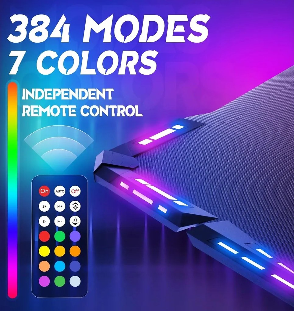 DOWINX Birou de Gaming RGB cu Iluminare Multicoloră și Design din Fibră de Carbon, Telecomanda, Mouse pad impermeabil, 140 cm, Negru