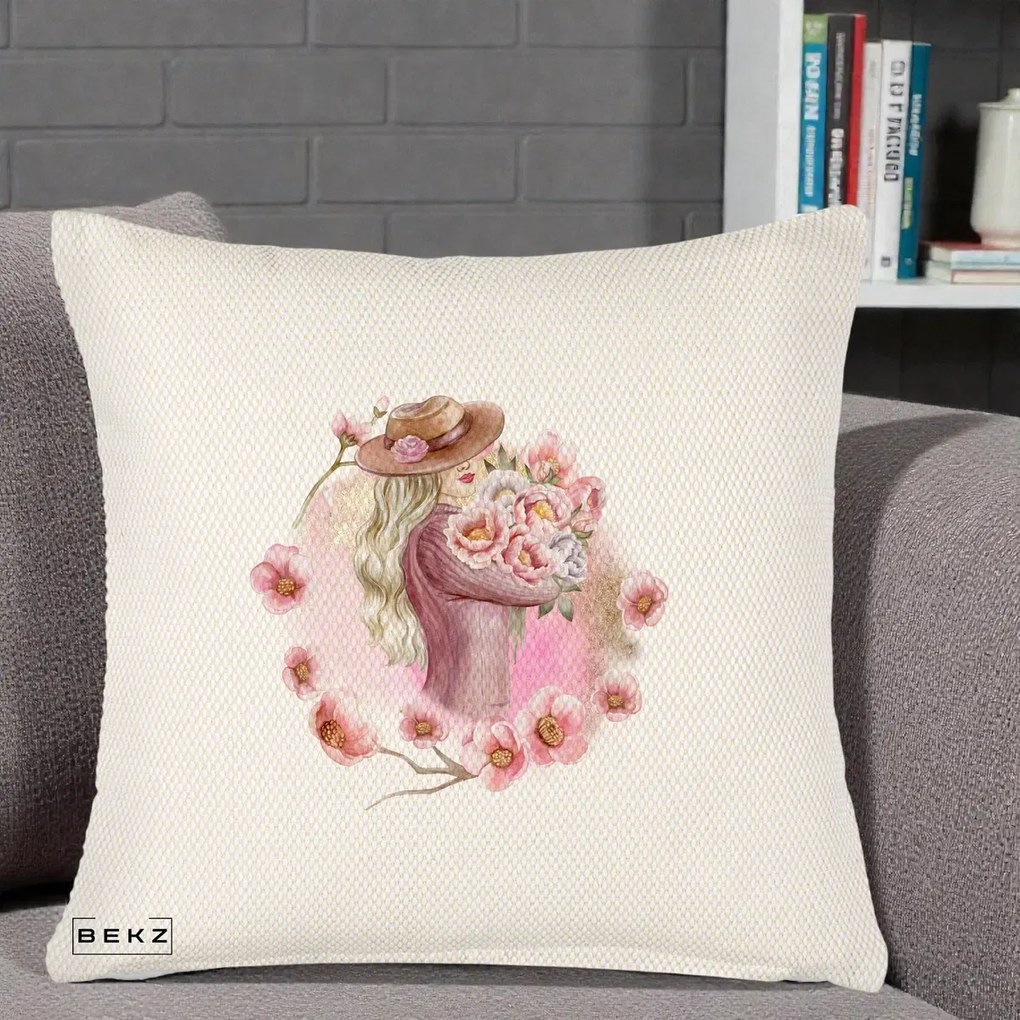 Perna Decorativa Femeie cu Flori Roz Acuarela, 40x40 cm, Crem Reliefat, Husa Detasabila, Perna Inclusa, BEKZ®