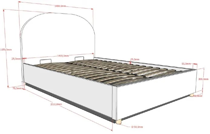 Set MOON: pat tapițat 140 x 200 cm alb cu țesătură bouclé și spațiu de depozitare + taburet alb multifuncțional – Vipack