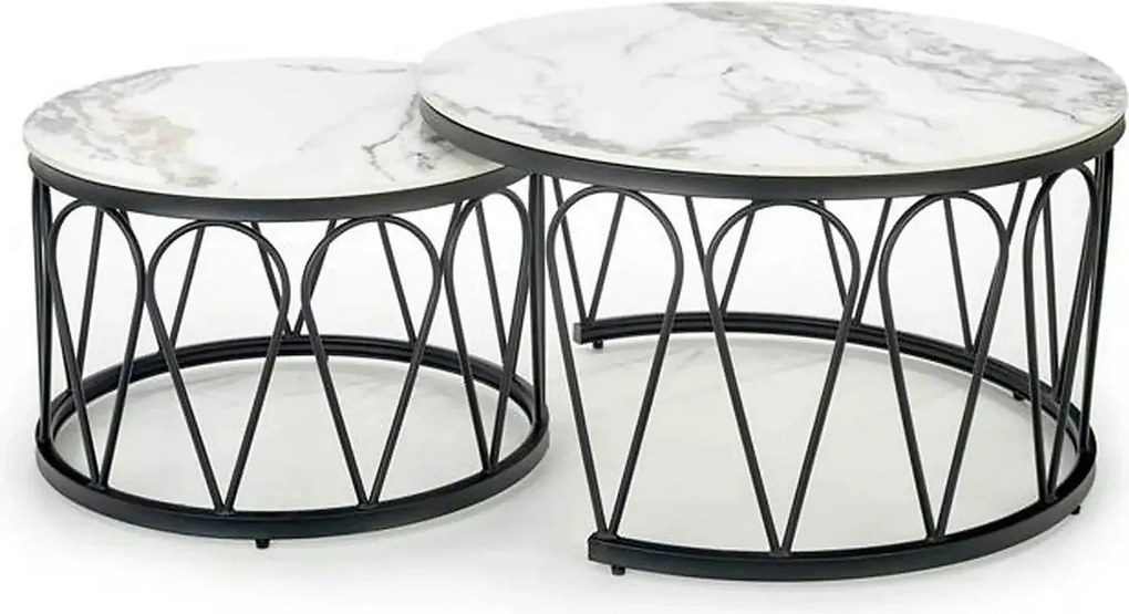 Set 2 masute cafea FORMOSA, alb cu efect de marmura/negru, ceramica/ot