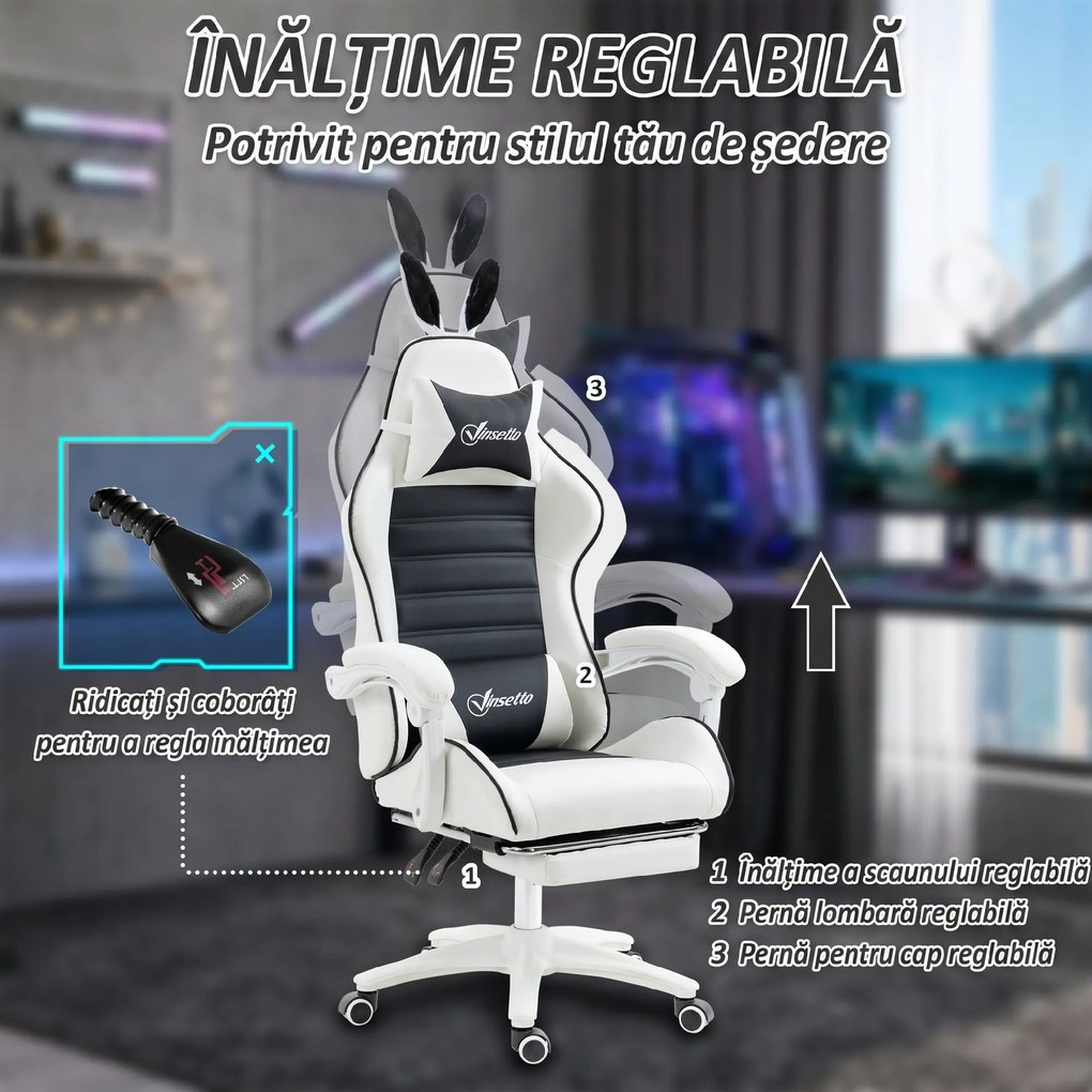 Vinsetto scaun gaming cu urechi de iepuraș, suport pentru picioare, perne, reclinabil și cu înălțime reglabilă, negru | Aosom Romania