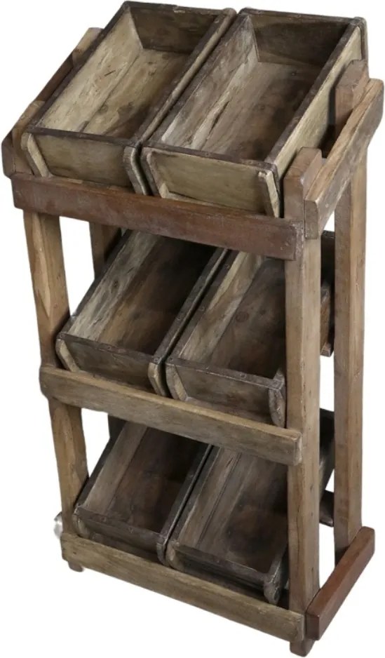 Etajeră din lemn reciclat și metal, natur, cu 3 rafturi și 6 cutii din lemn, aspect rustic, 92 x 43 x 32 cm, „Grimaud”