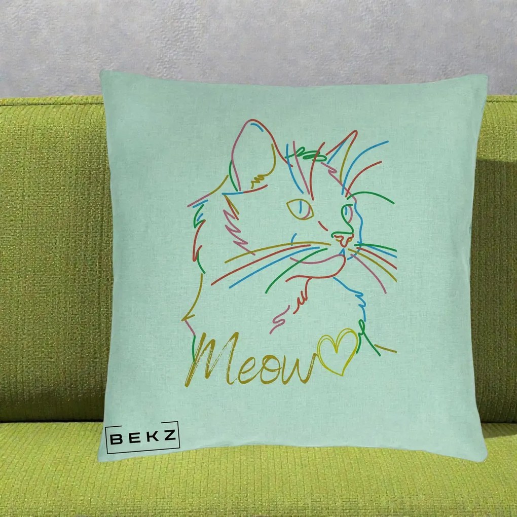 Perna Personalizata Pisica Meow Arta Linie Colorata, 40x40 cm, Verde Menta, Husa Detasabila, Perna Inclusa, BEKZ®