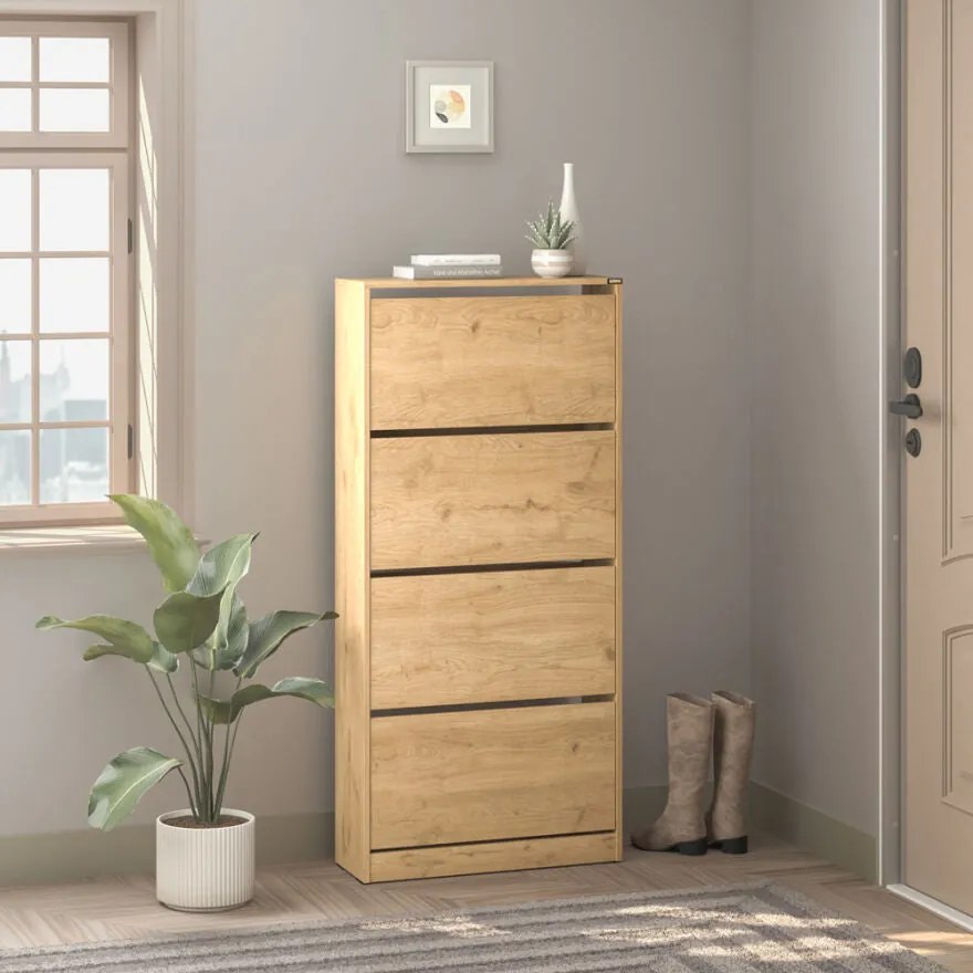 Dulap Pantofi Inalt Adore XL – Pantofar cu Adancime Slim (26 cm) pentru Hol, 4 Compartimente Rabatabile, Capacitate 24 Perechi