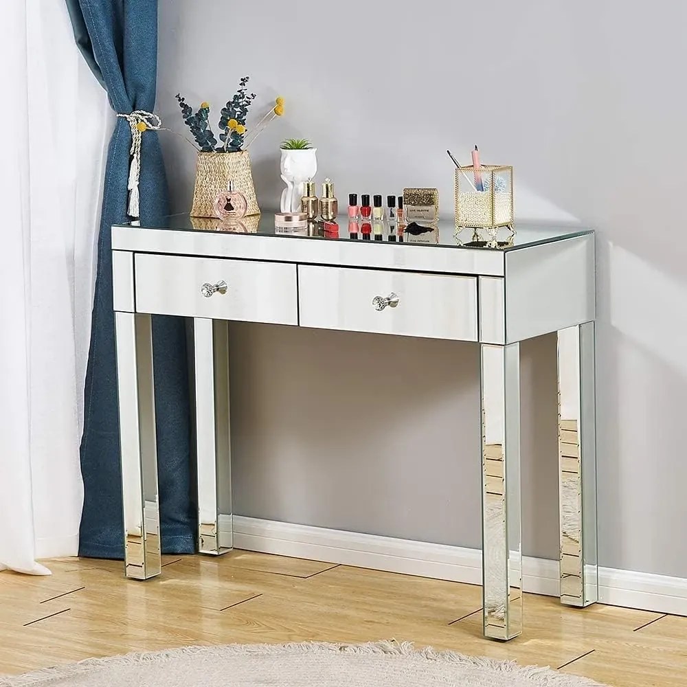 Masă de toaletă, Consola moderna din sticlă tip oglindă, 2 sertare, 95x36x78 cm, Argintiu