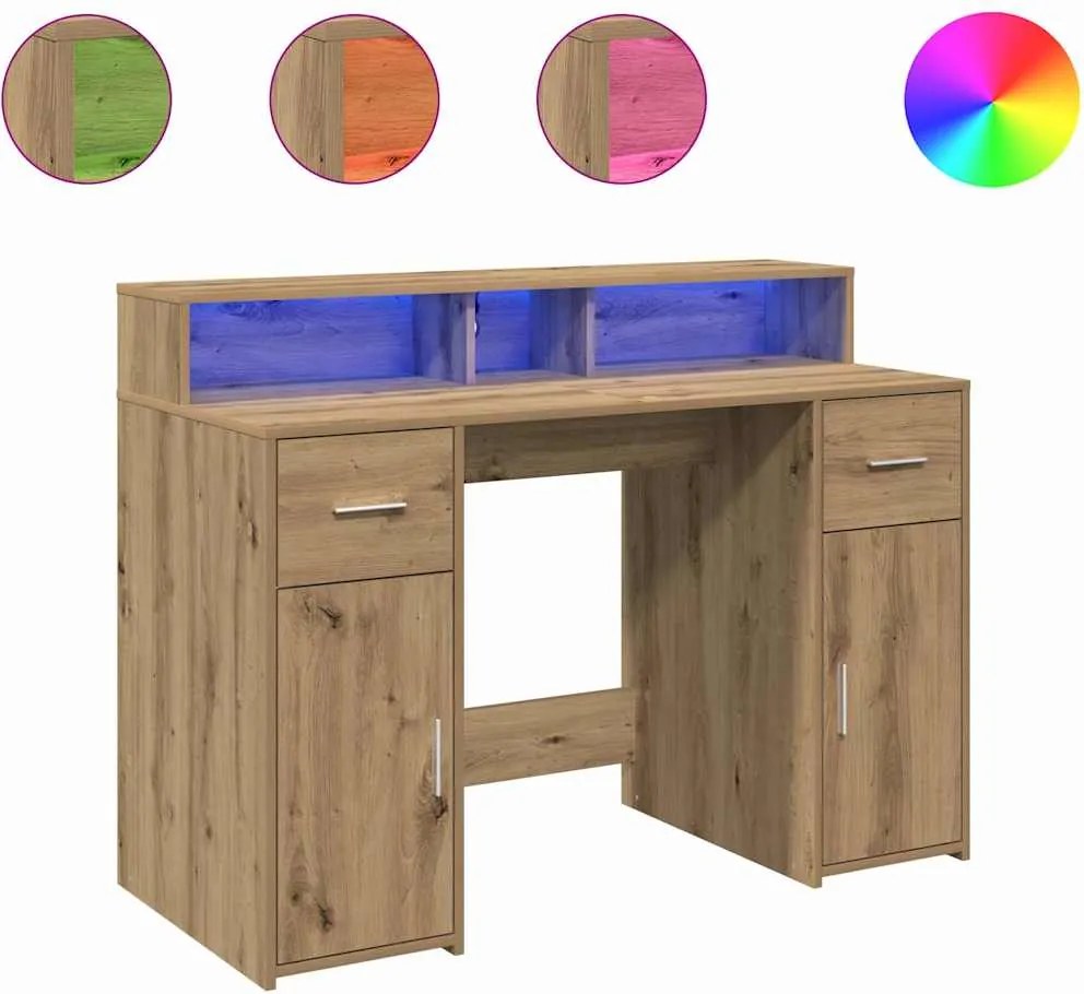 vidaXL Birou cu lumini LED stejar artizanal 120x55x91cm lemn prelucrat