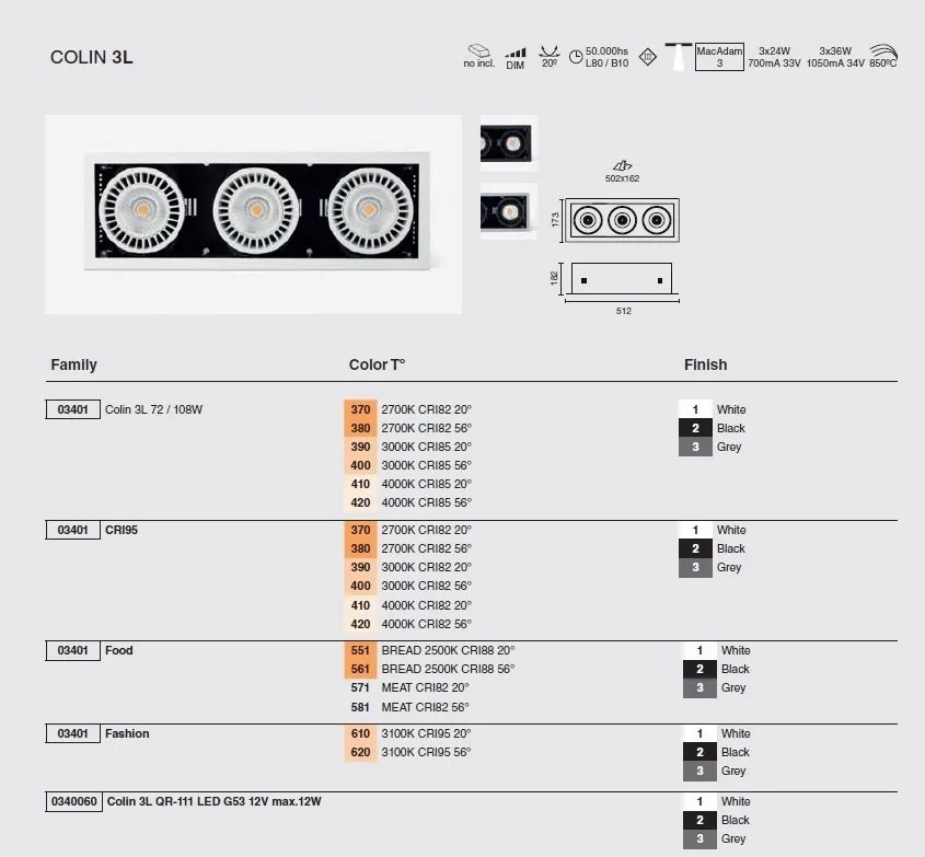 Spot LED incastrabil COLIN-3 Grey recessed 72-108W 2700K 20°