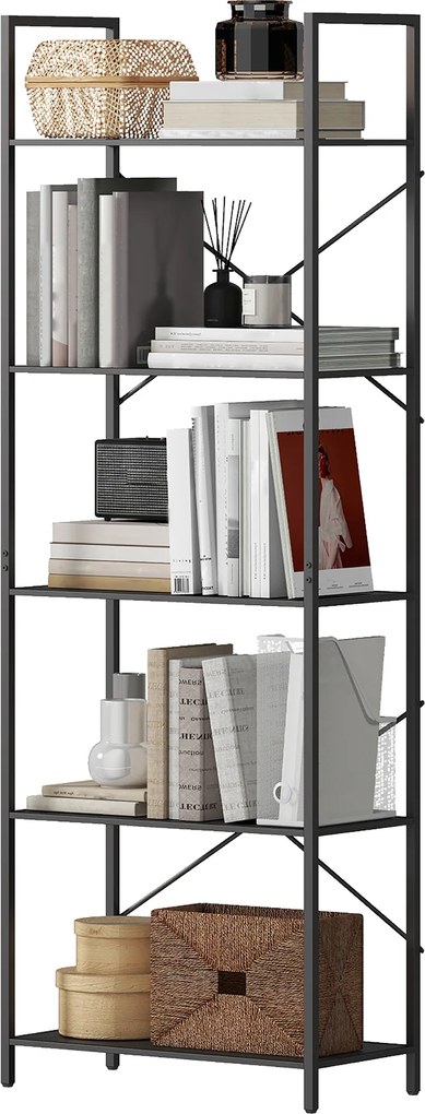 HOMCOM Raft pentru cărți, raft independent cu 5 nivele, raft industrial pentru birou cu cadru metalic, raft deschis de depozitare pentru living, birou, cameră de lucru, 60x30x170,5 cm, Negru | Aosom Romania