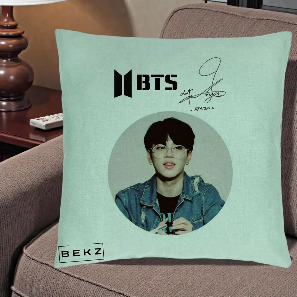 Perna Personalizata K-pop BTS Jimin Portret Cerc Autograf Geaca, 40x40 cm, Verde Menta, Husa Detasabila, Perna Inclusa, BEKZ®
