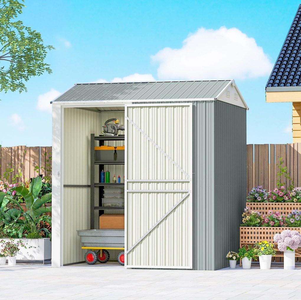Outsunny Șopron metalic pentru unelte 3,5 m², șopron înalt încuiabil cu acoperiș în două ape, ventilații, mănuși, 209 x 177 x 236 cm | Aosom Romania