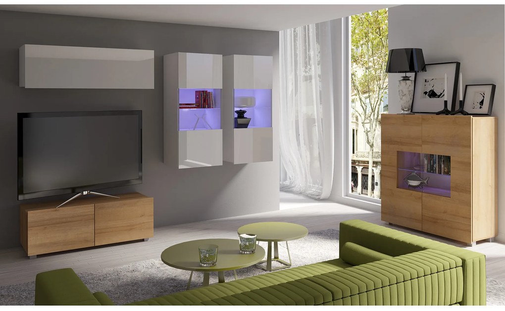 Mobilier living Calabria C12 (Alb + Stejar auriu) (fără iluminat). 1051638