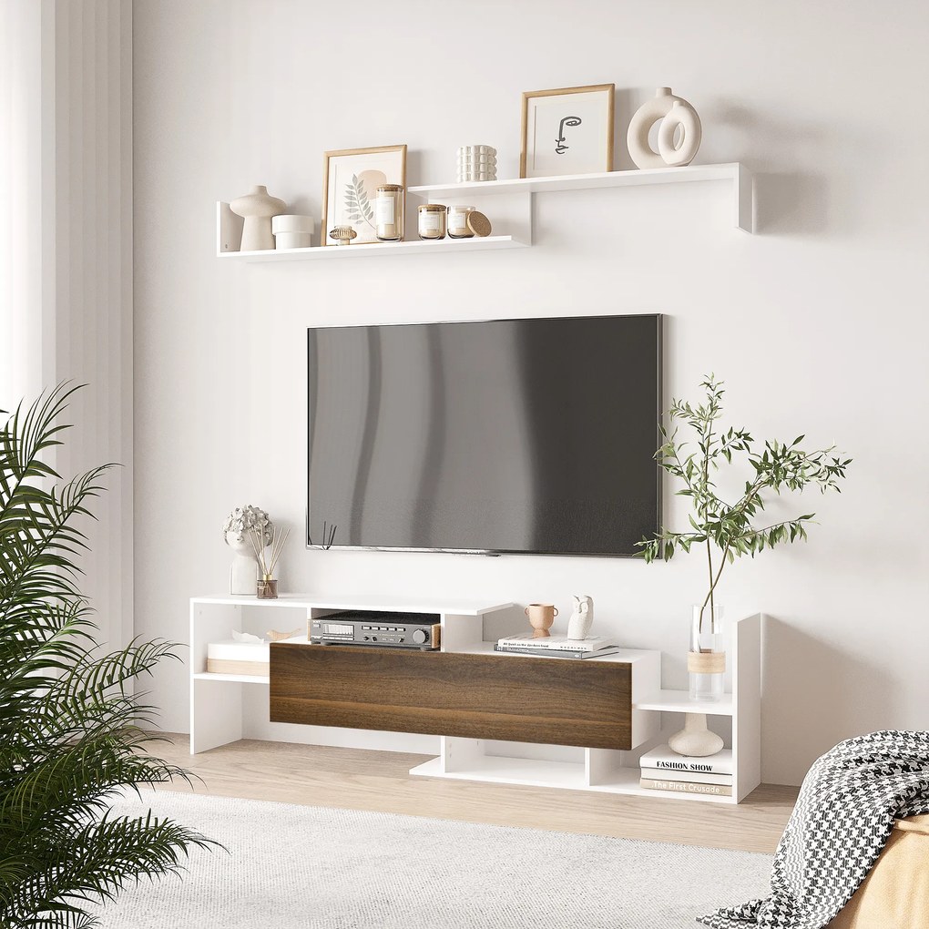 HOMCOM Dulap TV cu Poliță de Perete, Rafturi Deschise și Dulap Închis pentru Sufragerie și Dormitor, 153,6x25x42 cm, Alb | Aosom Romania