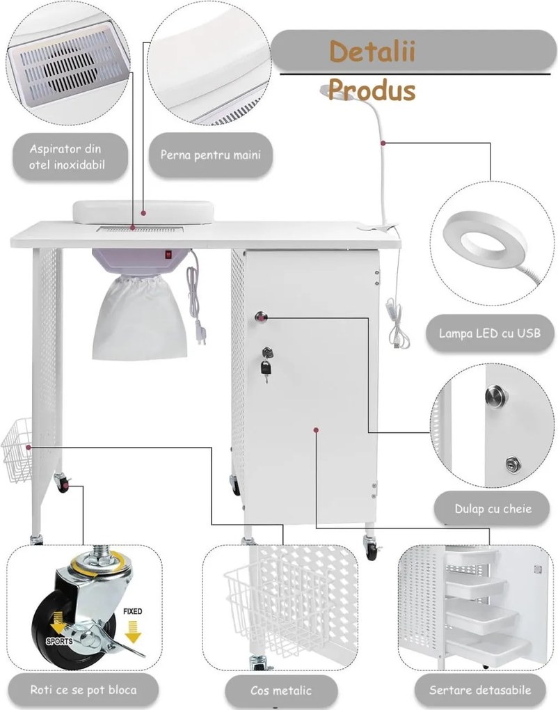 MANIA1 - Masuta manichiura, 90 cm, cu aspirator incorporat, perna maini si lampa LED, masa cosmetica - Alb/ Negru / Negru-Auriu
