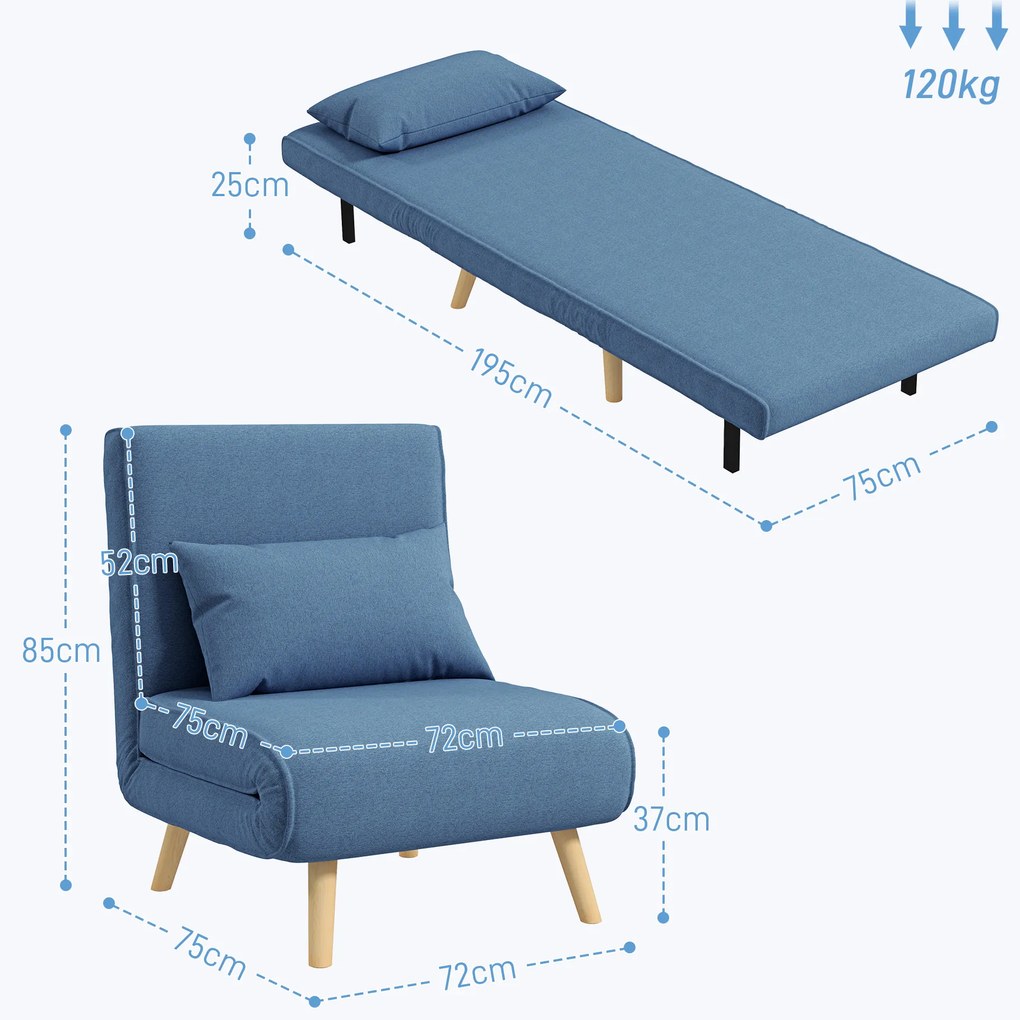 HOMCOM Fotoliu chauffeuse convertibil 3-în-1 pat/fotoliu 1 loc spătar 5 poziții din material textil cu pernă, albastru | Aosom Romania