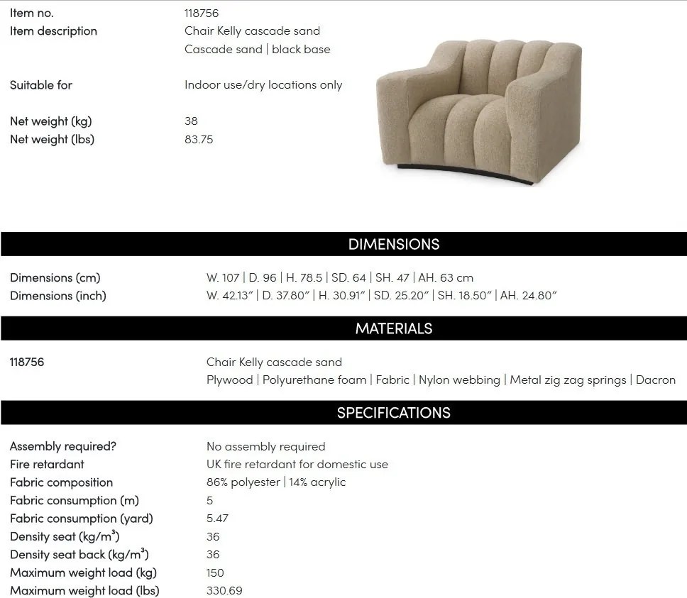 Fotoliu design LUX Kelly, Cascade sand