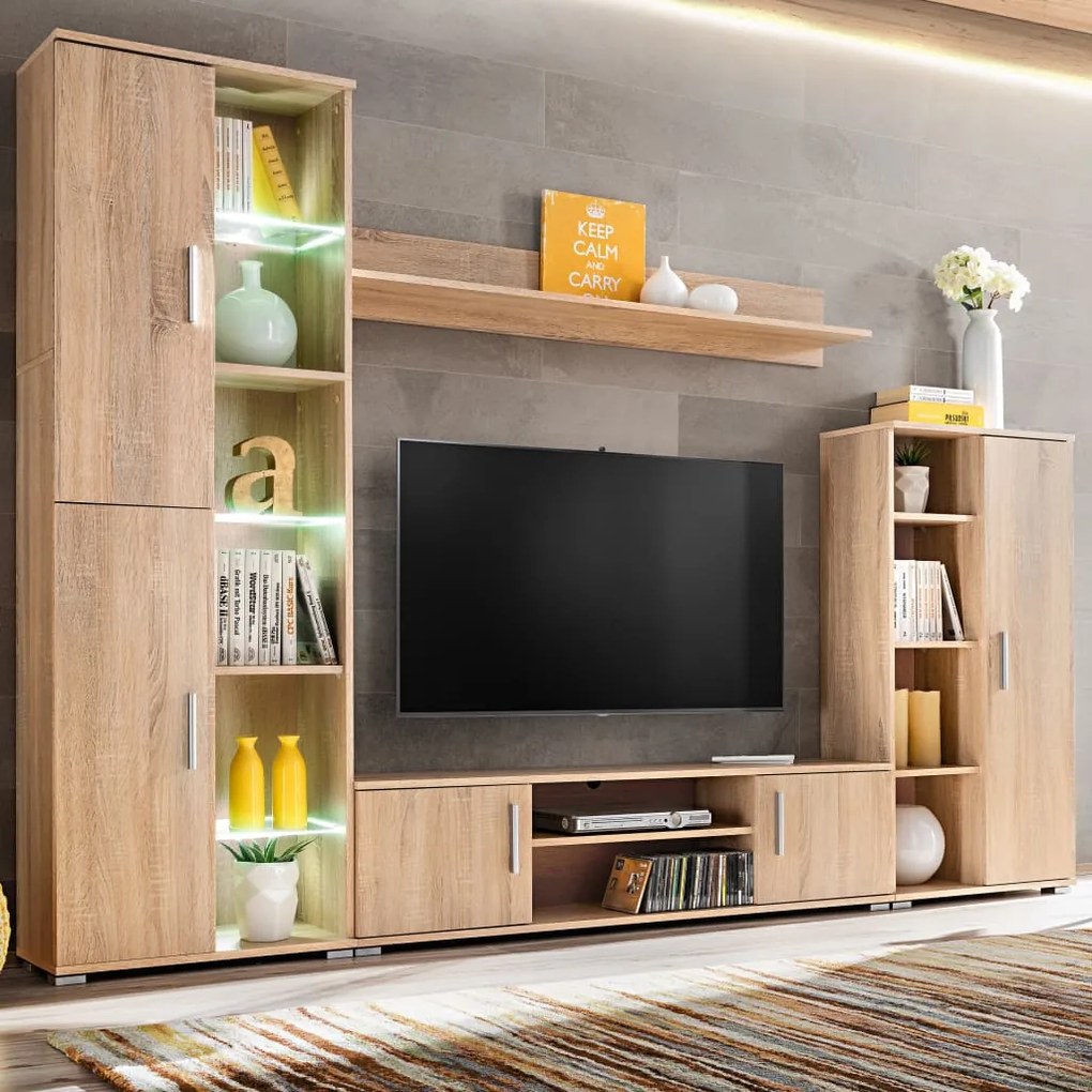 246029 vidaXL Mobilă de perete cu spațiu TV, iluminare LED, stejar sonoma