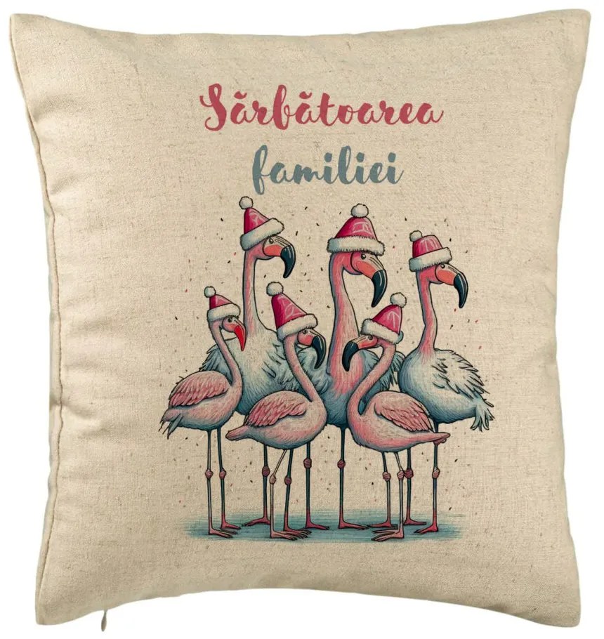 Perna Decorativa cu tematica de Craciun, Flamingo si Text 2, 40x40 cm, Bej, Husa Detasabila, Burduf