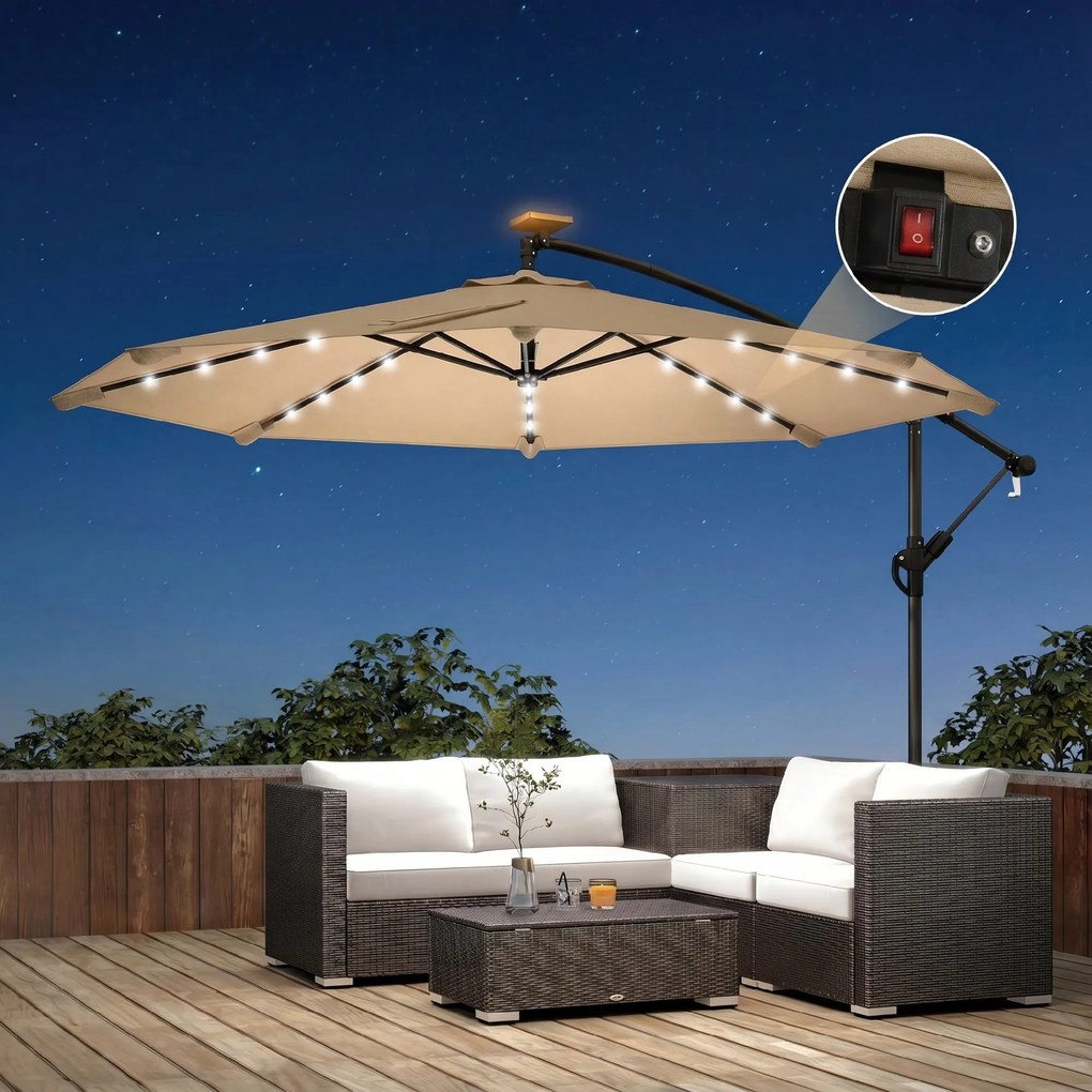 Outsunny Umbrelă de Grădină Suspendată cu LED-uri Solare, 3x3m, Bej | Aosom Romania