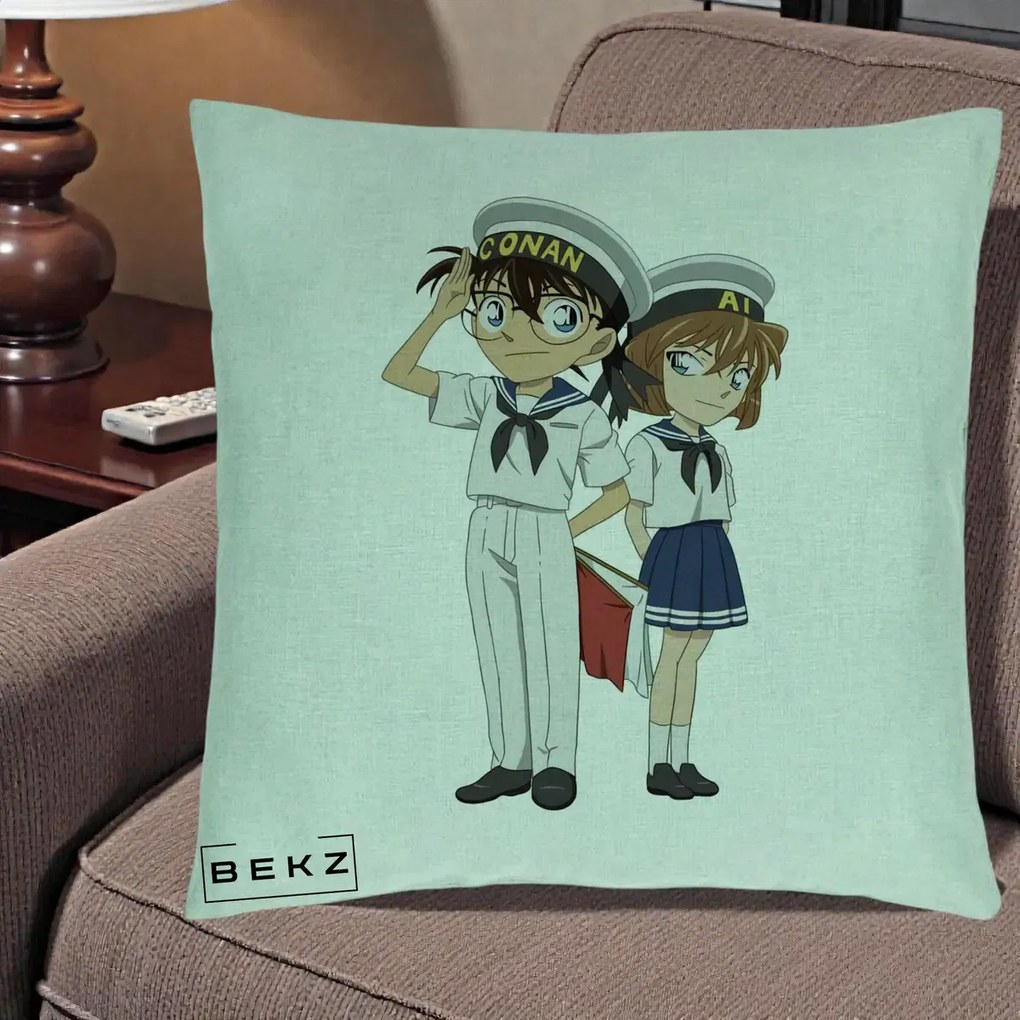Perna Personalizata Detective Conan Conan si Ai Sailor, 40x40 cm, Verde Menta, Husa Detasabila, Perna Inclusa, BEKZ®