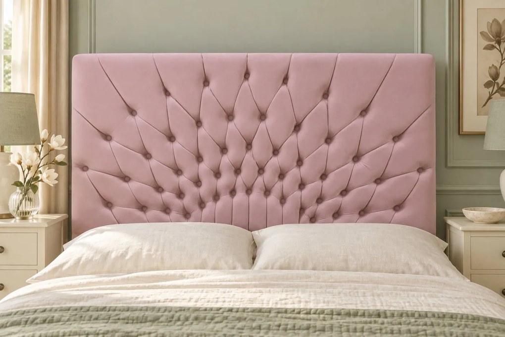 Pat tapițat Chesterfield din catifea Venezia 180×200 cm, roz, cu ladă de depozitare