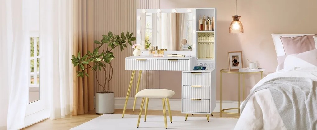 Masuta machiaj cu Oglinda LED si 5 Sertare pentru Cosmetice, Set Masa toaleta 110 cm, Alb, masuta cosmetica, vanity - SEA823