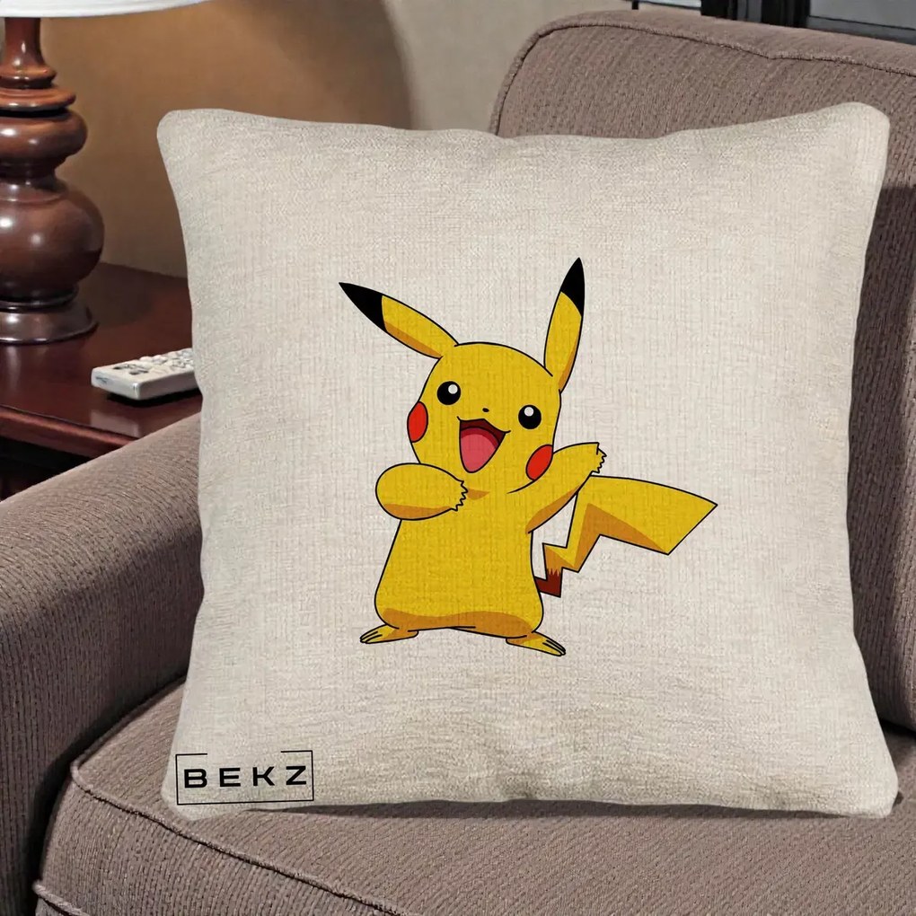 Perna Personalizata Pikachu Fericit, 40x40 cm, Bej Canapea, Husa Detasabila, Perna Inclusa, BEKZ®