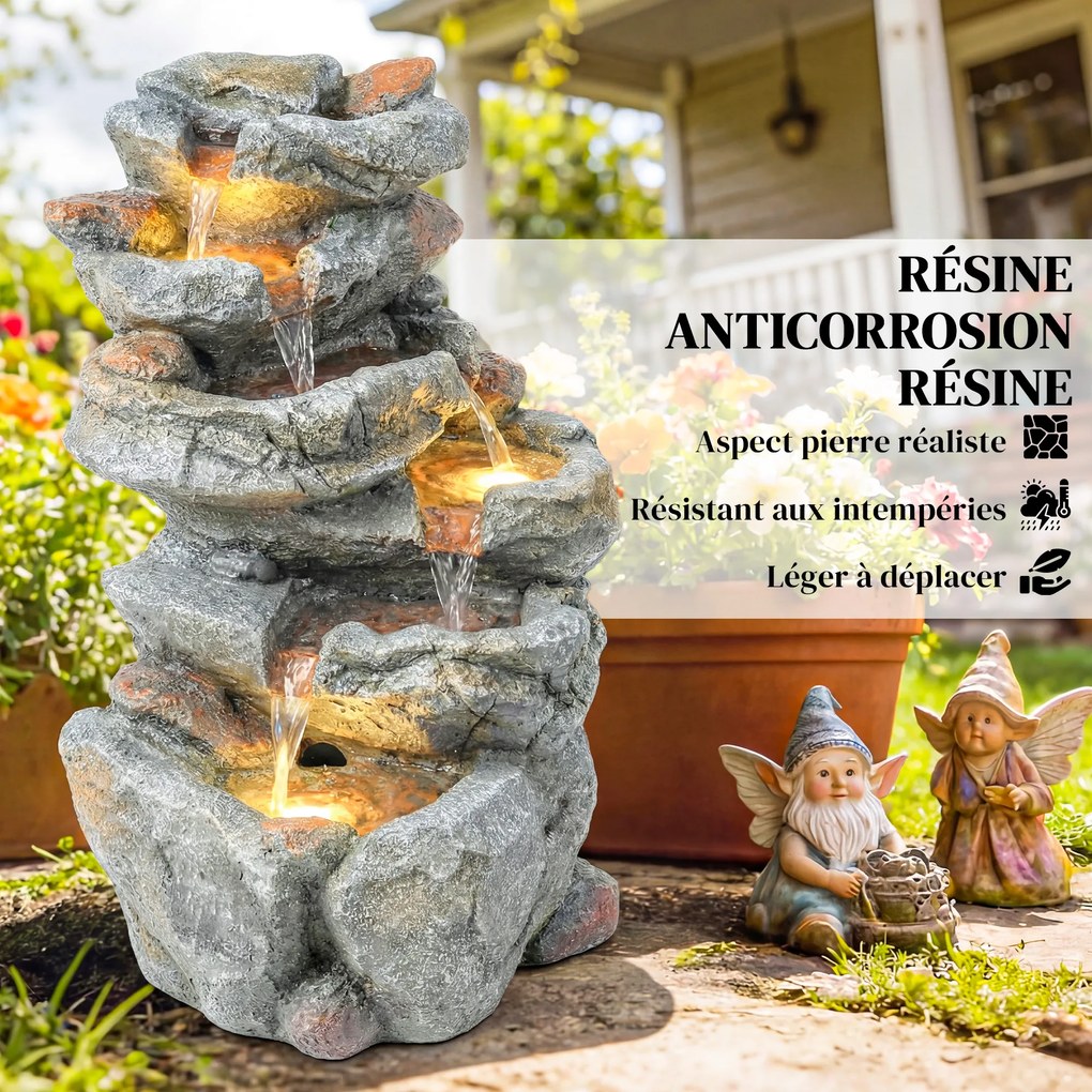 Outsunny Fântână de exterior cu design de rocă în 6 niveluri, cascadă de apă cu lumini LED, debit reglabil, gri | Aosom Romania