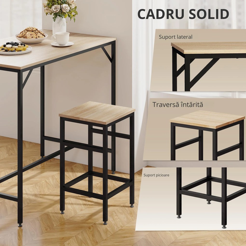 Set Masă Înaltă cu 4 Scaune HOMCOM în Stil Industrial, Metal și Lemn, Stejar Deschis, Perfect pentru Dining | Aosom România