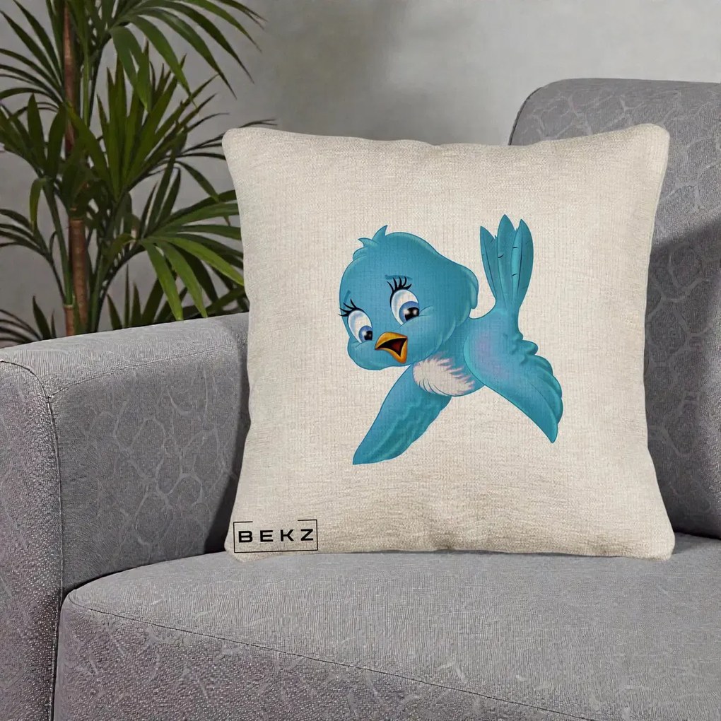 Perna Decorativa Pui de Pasare Albastru, 40x40 cm, Bej Canapea, Husa Detasabila, Perna Inclusa, BEKZ®