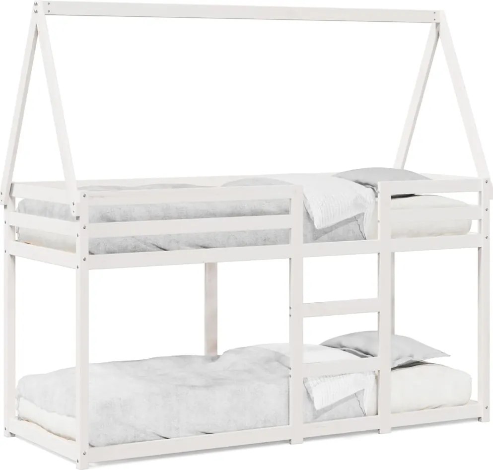 vidaXL Pat supraetajat cu acoperiș, alb, 90x200 cm, lemn masiv de pin