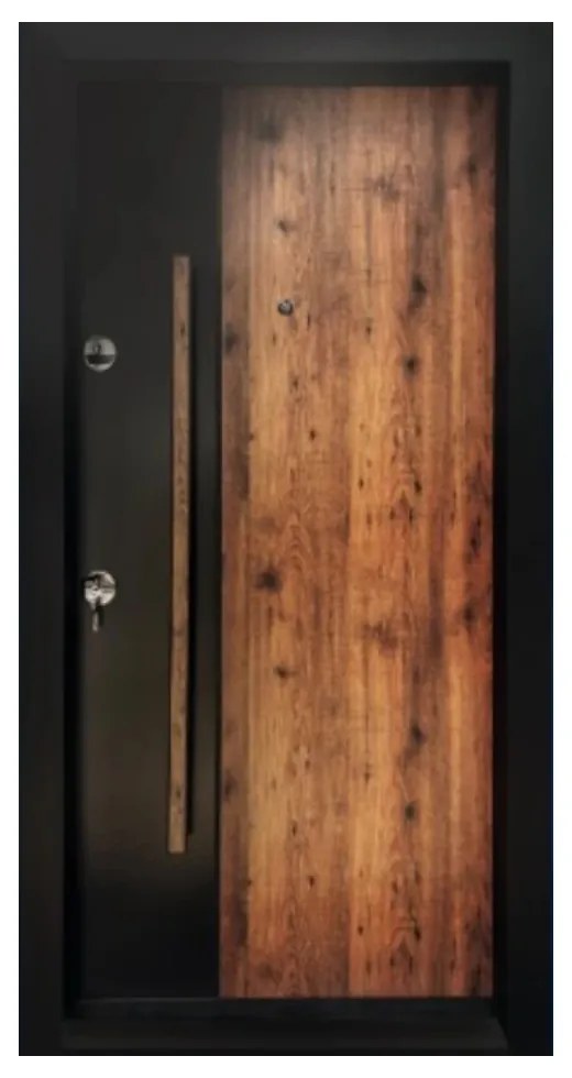 Usa metalica de exterior cu izolatie si vizor Novo Doors NDA4, Din compozit, 2 yale, Kit complet, Pentru case, Negru perlat cu stejar auriu (Sens