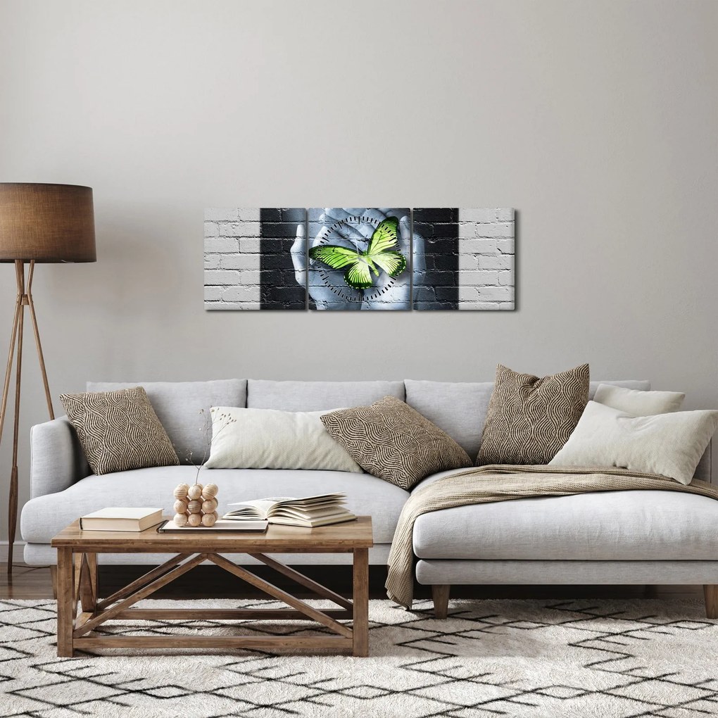 Tablou - Fluture verde în perete (cu ceas) (90x30 cm)