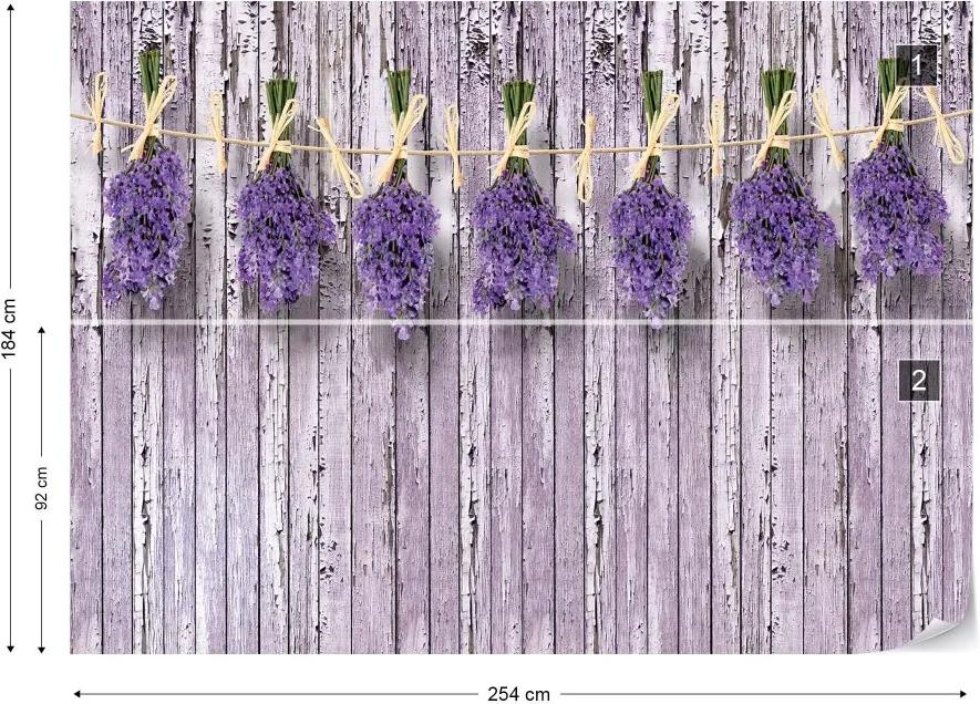 GLIX Fototapet - Lavender Bunches On Purple Painted Wood Plank Wall Vintage Style Vliesová tapeta  - 254x184 cm