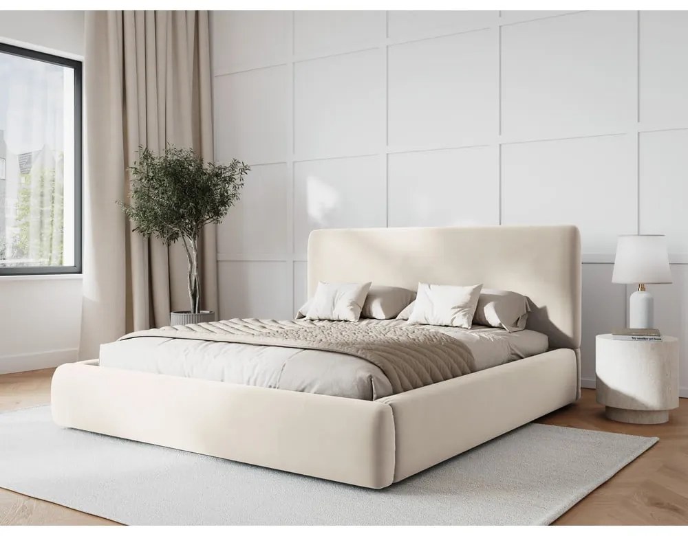 Pat matrimonial bej tapițat cu spațiu de depozitare cu somieră 160x200 cm Colonel – Cosmopolitan Design