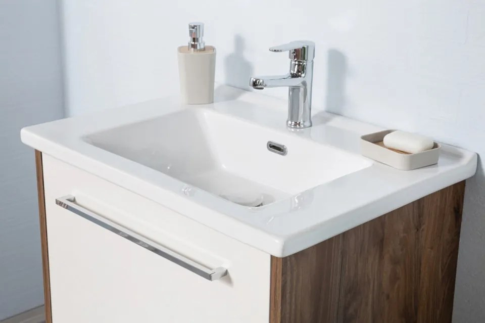 Set Mobilier Baie Sahra 65, Include Baza Lavoar, Lavoar și Oglinda, 65 cm, Crem