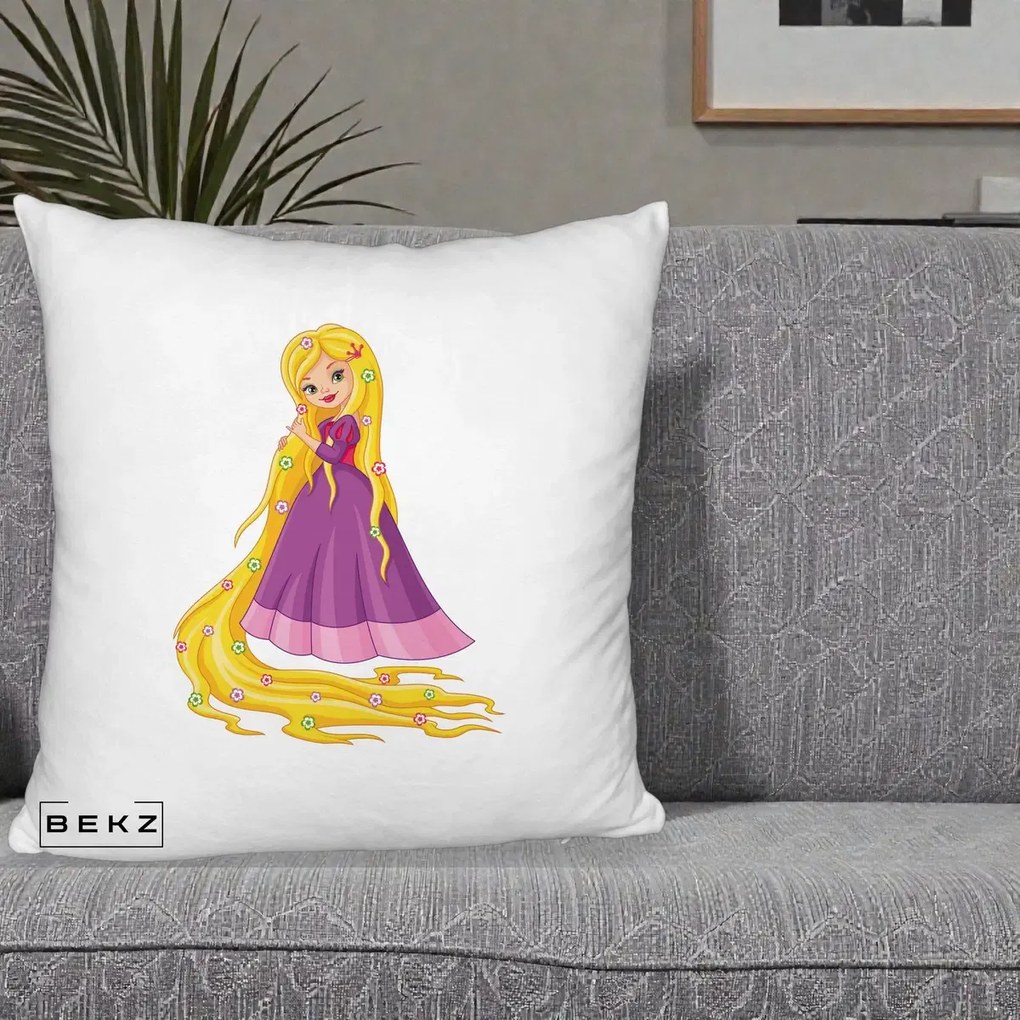 Perna Personalizata Rapunzel Par Lung Floral, 40x40 cm, Alb Pufos, Husa Detasabila, Perna Inclusa, BEKZ®