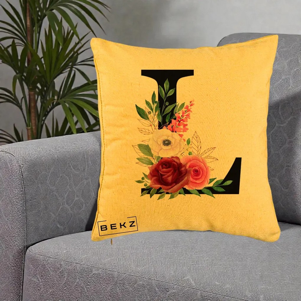 Cadou Personalizat - Perna Personalizata Monograma Florala Litera L, 40x40 cm, Galben, Husa Detasabila, Perna Inclusa, BEKZ®