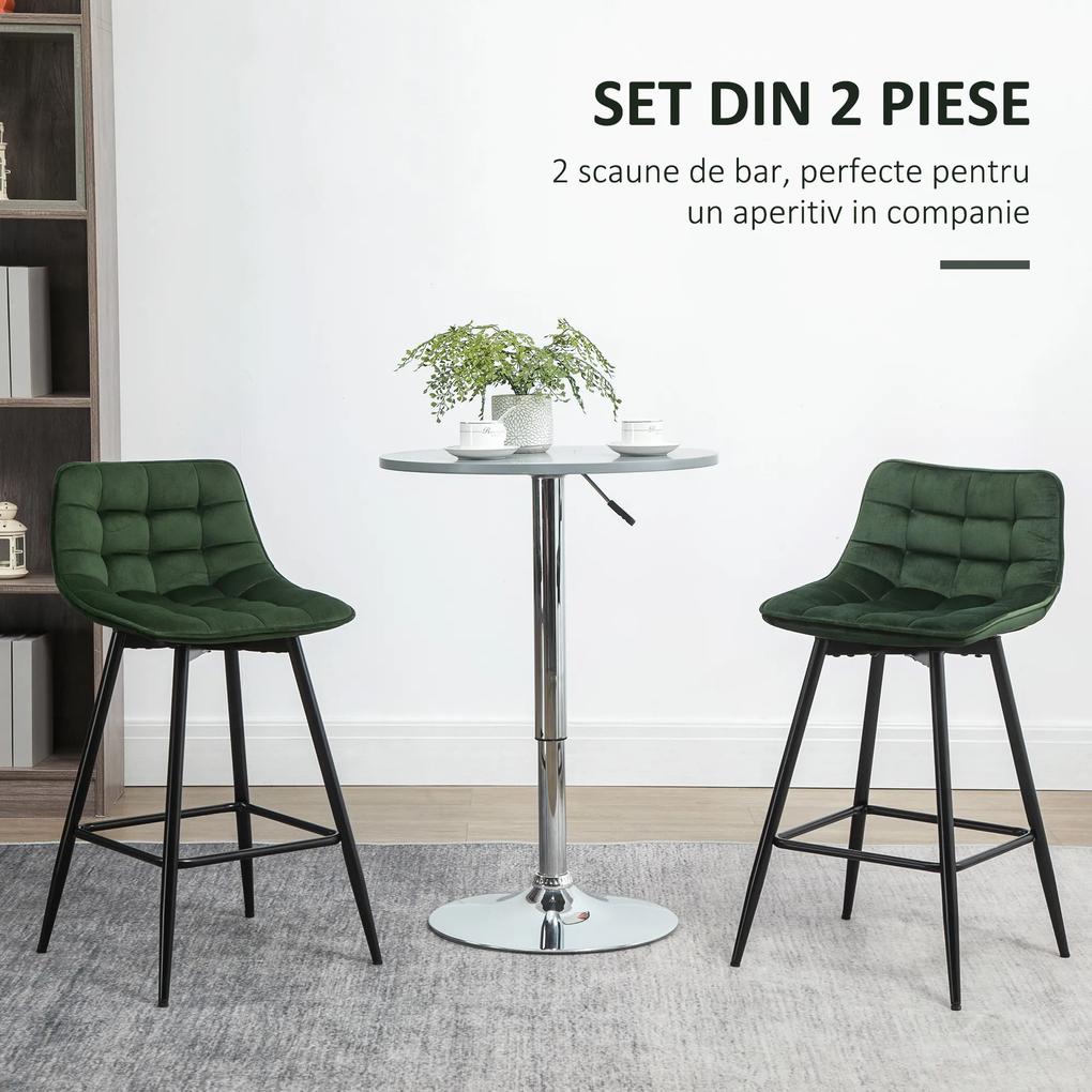 Set de 2 scaune de bar HOMCOM cu spatar, tapitate, stil nordic, metal, catifea, verde, 45x47x88cm | Aosom RO