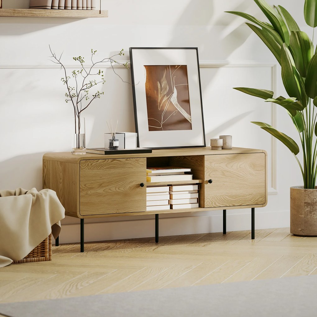 HOMCOM Comodă TV, suport TV până la 139,7 cm cu 2 uși, 2 compartimente deschise, picioare din oțel, 120x40x50cm, stejar | Aosom Romania