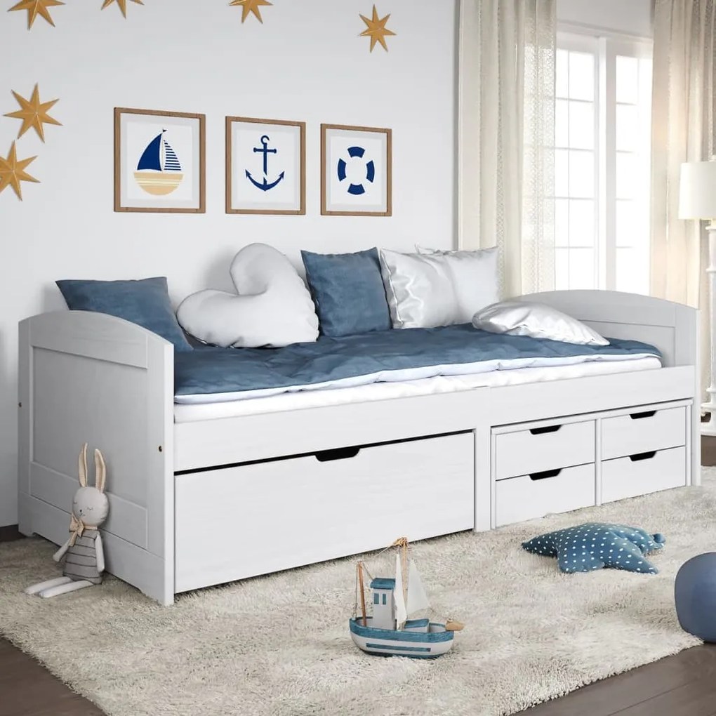 353323 vidaXL Pat de zi cu 5 sertare "IRUN", alb, 90x200 cm, lemn masiv pin