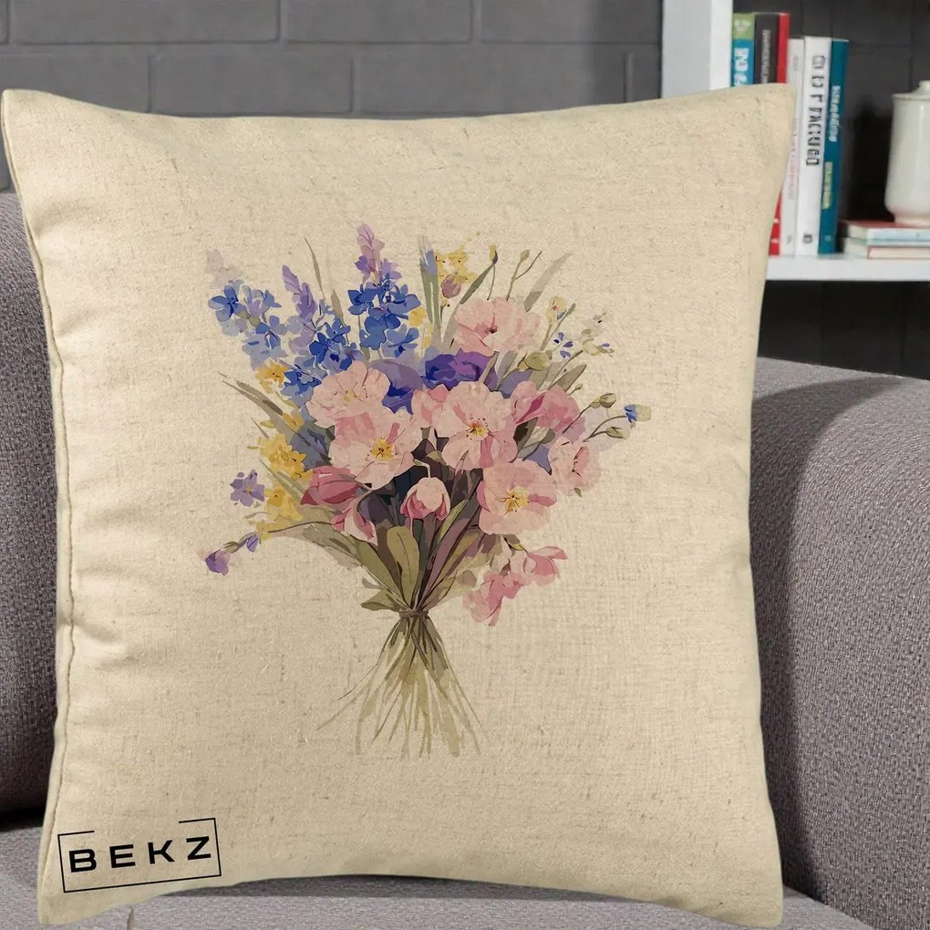 Perna Decorativa Buchet Floral Acuarela Primavara, 40x40 cm, Bej, Husa Detasabila, Perna Inclusa, BEKZ®