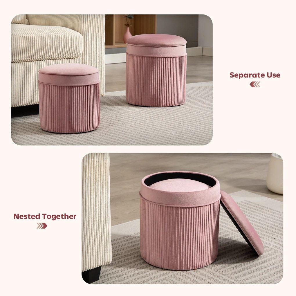 HOMCOM Set 2 Otomane cu Depozitare, Tapițate cu Catifea, Roz, Capac Detașabil | Aosom Romania