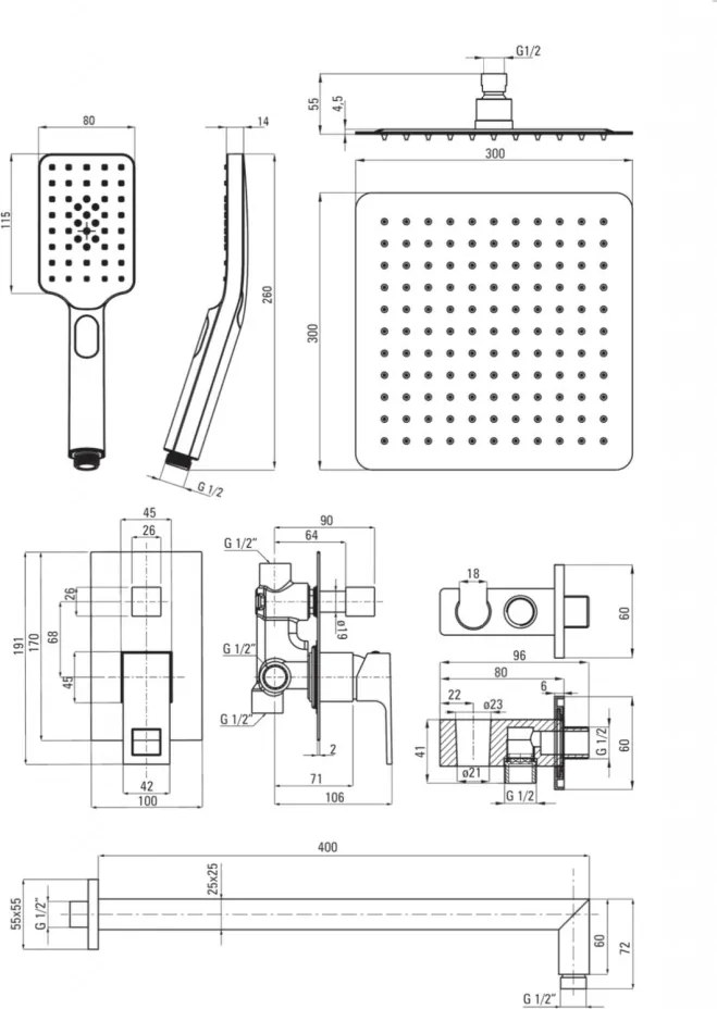 Anemon negru set de dus incastrat cu baterie , para de dus, si dispersor fix NACN9MP