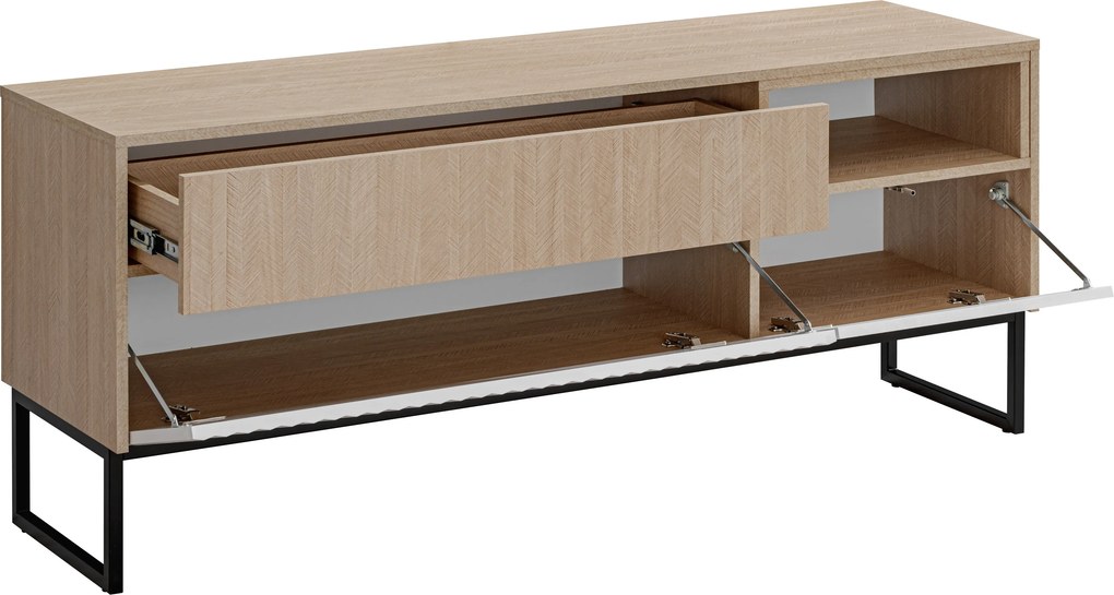 Comodă TV Bliwon 148 cm cu sertare - herringbone scandi/alb mat