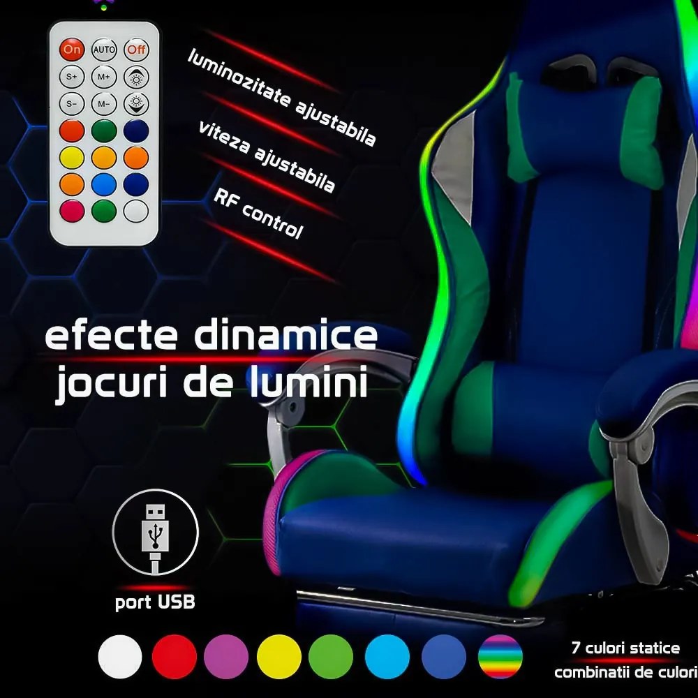 Scaun gaming albastru piele sintetică cu suport picioare si banda LED RGB OFF 298