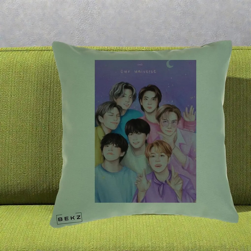 Perna Personalizata K-pop BTS Our Universe Fanart Violet Pastel, 40x40 cm, Verde, Husa Detasabila, Perna Inclusa, BEKZ®