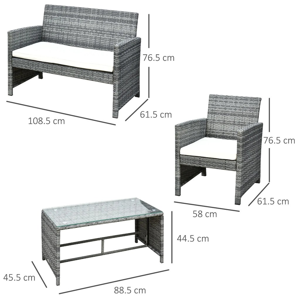 Outsunny Set Mobilier de Extern in PE Rattan Canapea si 2 Fotolii si Perna Gri | Aosom Romania