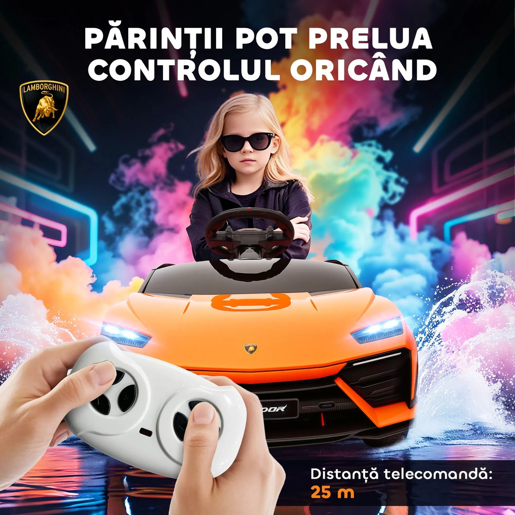 AIYAPLAY Mașină Electrică pentru Copii sub Licență Lamborghini cu Claxon și Telecomandă, 101.5x49x43 cm, Portocalie | Aosom Romania