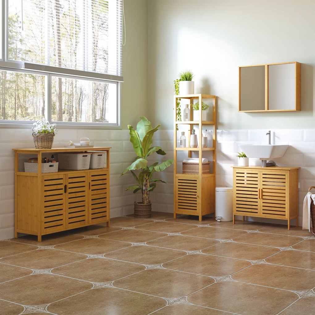 HOMCOM Bufet mobilier de depozitare 3 uși deschise și rafturi din bambus 100 x 35 x 82 cm natural | Aosom Romania